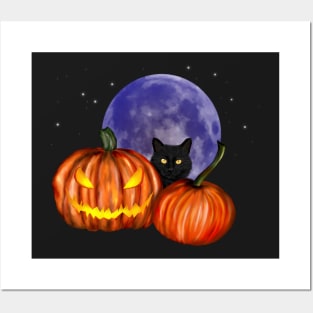 Halloween Black Cat Orange Pumpkins Art Posters and Art